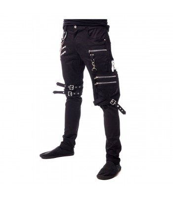 Men Gothic Slim Fit Pant Bondage Metallic Pant Buckle Zipper Black Chain Pant Black